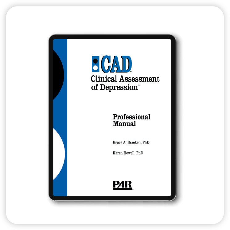 CAD clinical Assessment of Depression professional manual cover displayed on a tablet.