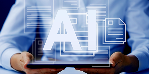 Person is holding an ipad and above the ipad is an AI graphic and with icons of reports around the ipad.